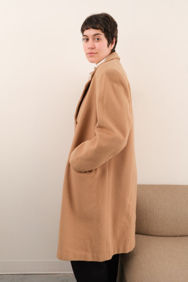 Hermine Vintage 90s Cafe Au Lait Wool Longline Three-Button Coat - Beige