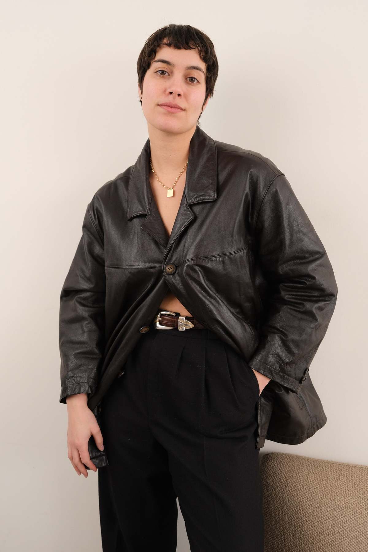 Hermine Vintage 90s Espresso Leather Button Up Jacket - Brown - Image 1 of 5