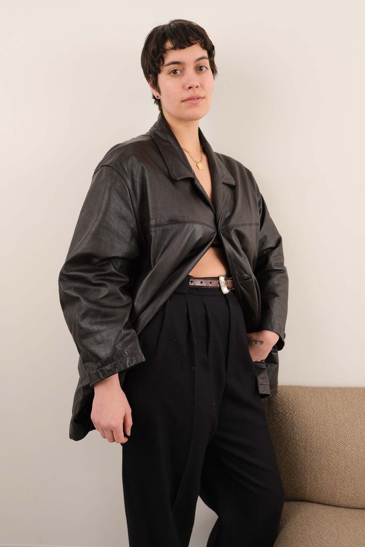 Hermine Vintage 90s Espresso Leather Button Up Jacket - Brown - Image 3 of 5