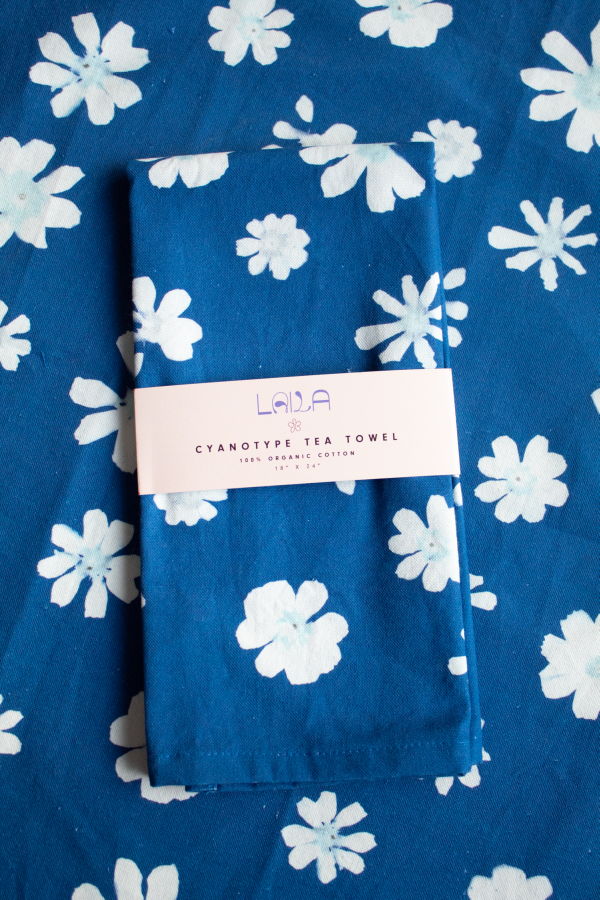 Laila Textiles Cyanotype Flower Kitchen Tea Towel