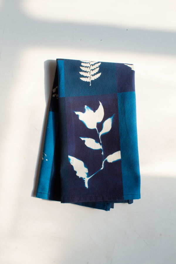 Laila Textiles Cyanotype Flower Plant Patchwork Organic Cotton Tea Towel