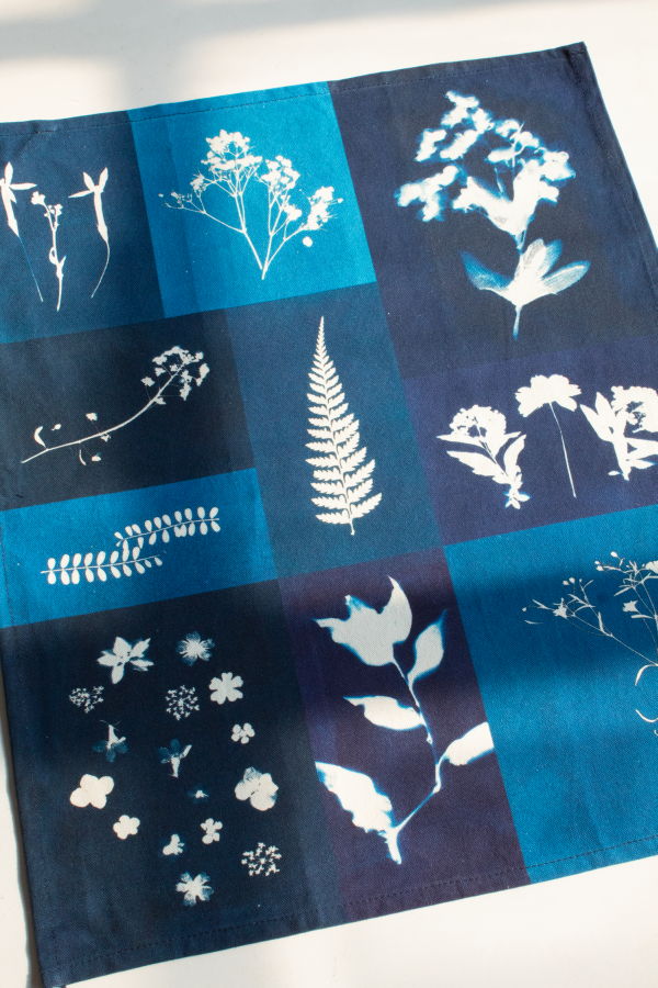 Laila Textiles Cyanotype Flower Plant Patchwork Organic Cotton Tea Towel