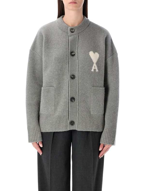 Ami Alexandre Mattiussi Ami Paris Alpaca Cardigan with Ami de Coeur Logo - Gris