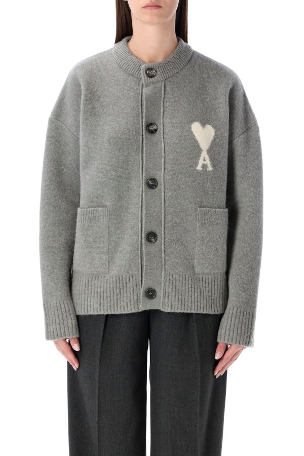 Ami Alexandre Mattiussi Ami Paris Alpaca Cardigan with Ami de Coeur Logo - Gris