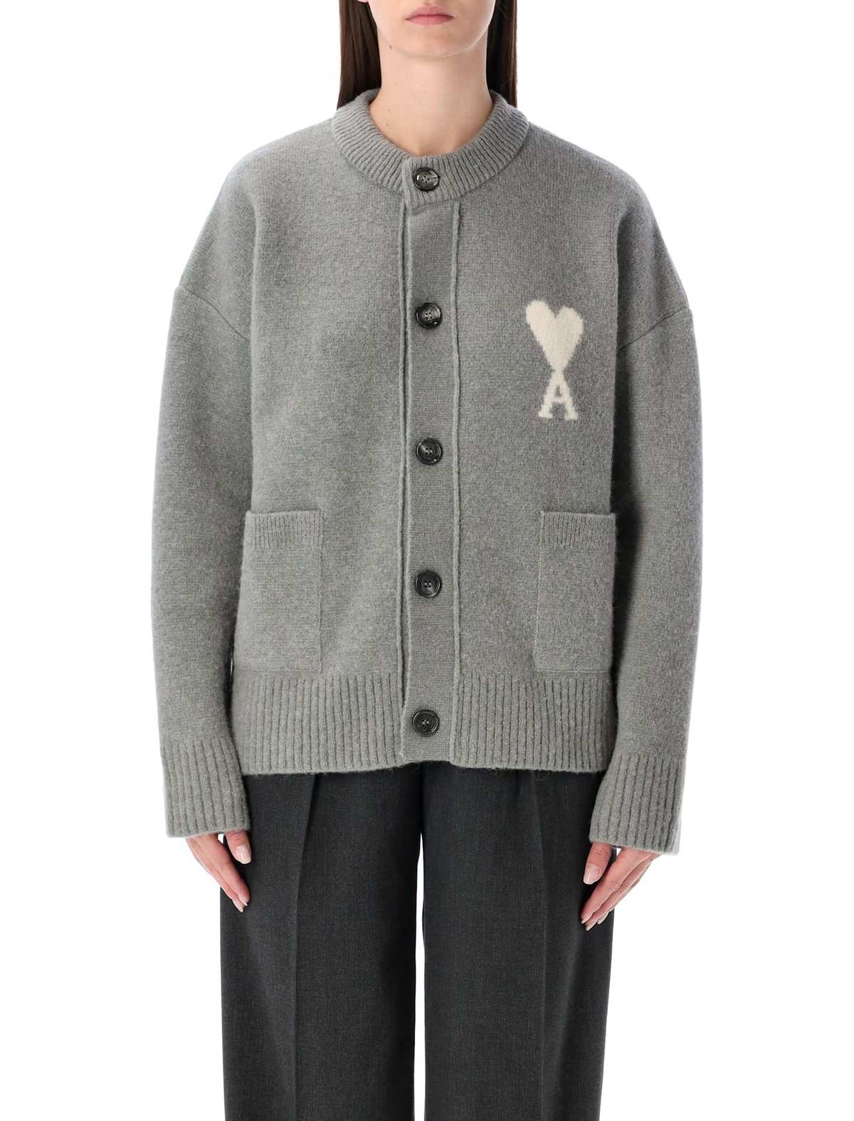 Ami Alexandre Mattiussi Ami Paris Alpaca Cardigan with Ami de Coeur Logo - Gris - Image 1 of 3