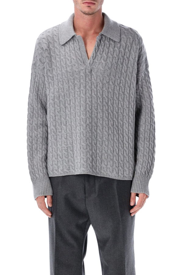 Ami Alexandre Mattiussi Ami Paris Cable Knit Polo Sweater - Gray