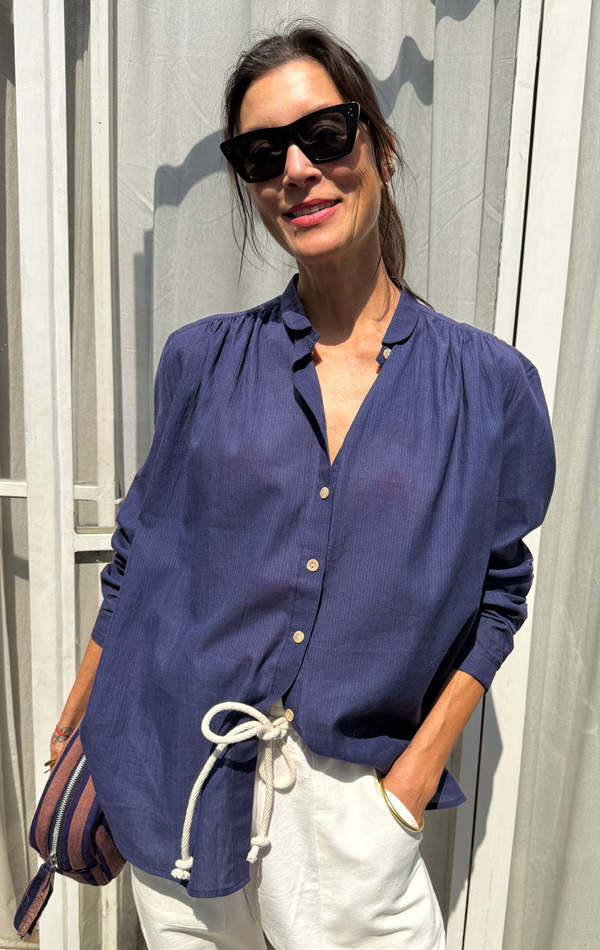 Two Button Front Blouse - Navy Micro Stripe Two Button Front Blouse - Navy Micro Stripe