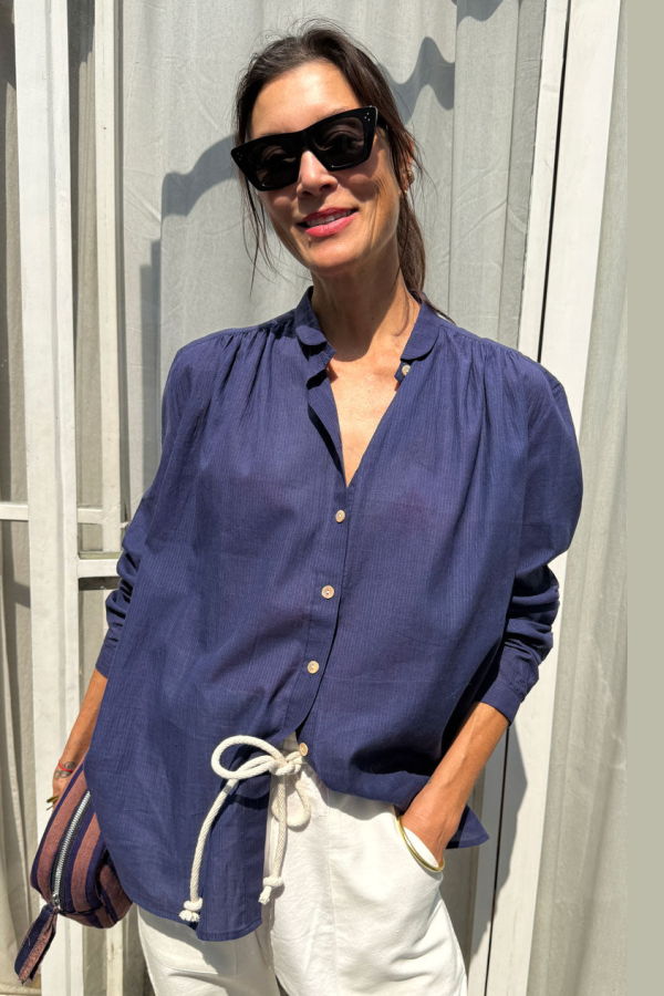 Two Button Front Blouse - Navy Micro Stripe