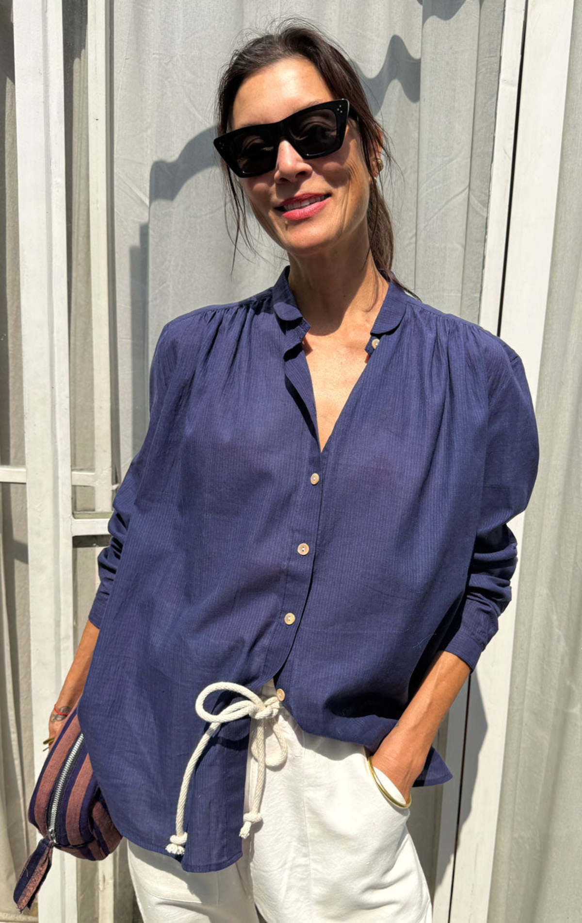 Two Button Front Blouse - Navy Micro Stripe - Image 1 of 6