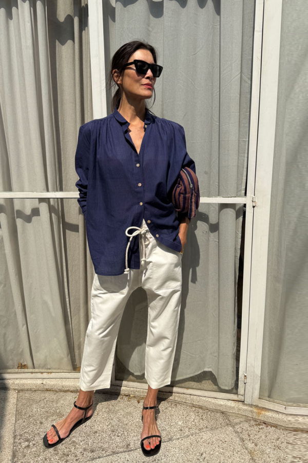 Two Button Front Blouse - Navy Micro Stripe