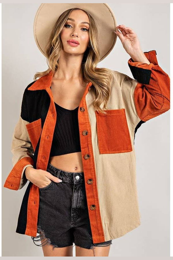 The Collective Park City Colorblock Corduroy Shirt Jacket - Terracotta