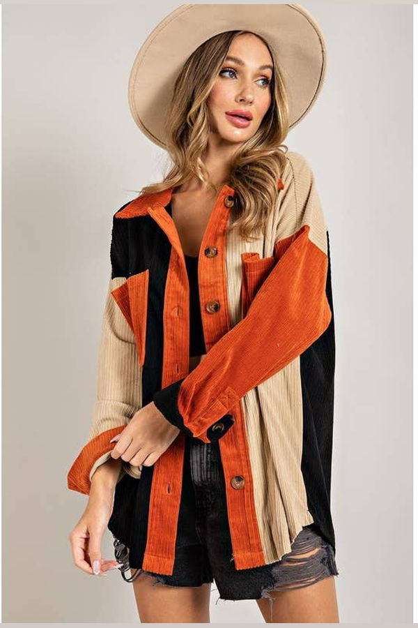 The Collective Park City Colorblock Corduroy Shirt Jacket - Terracotta