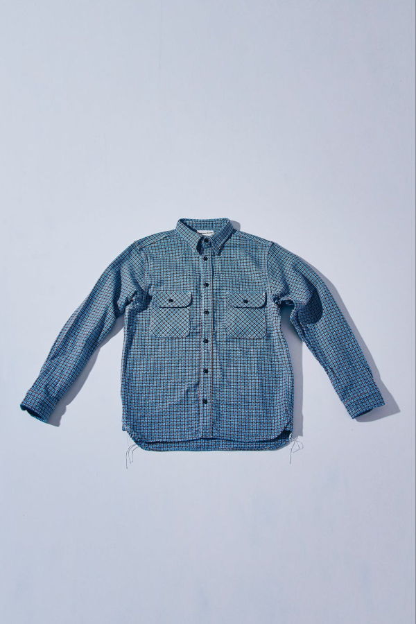 SAMURAI JEANS SIN25-02W Cheese Indigo Heavy Flannel Work Shirt - Light Blue/Brown