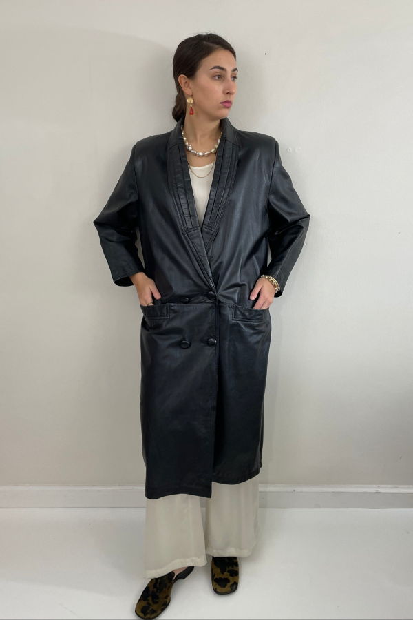 Donna Pelle Vintage 90s Double-Breasted Leather Trench Coat