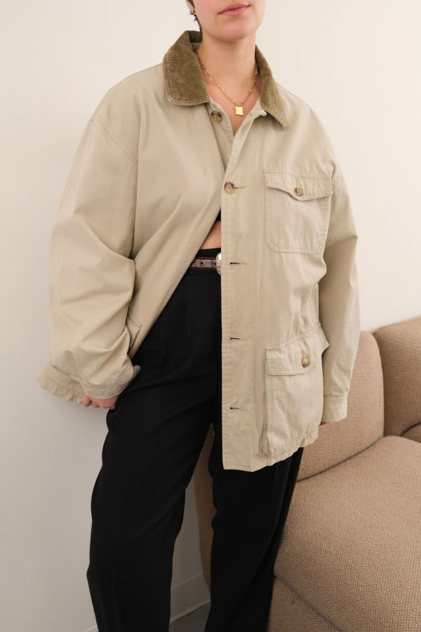 Hermine Vintage 90s Parchment Cotton Corduroy Collar Barn Jacket - Beige