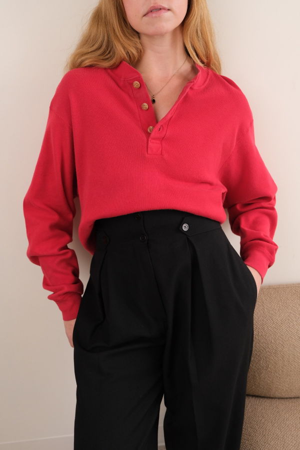 Vintage Cotton Long Sleeve Henley Sweater - Cardinal