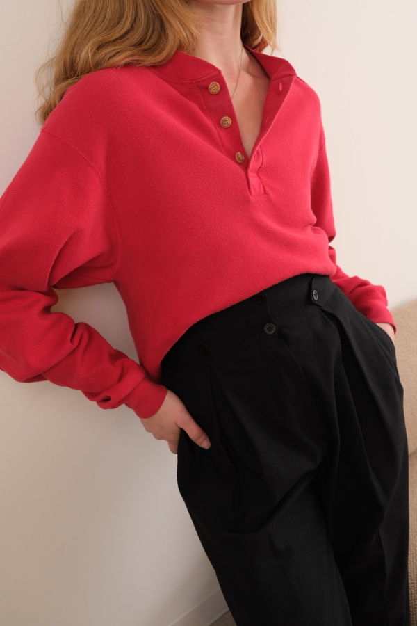 Vintage Cotton Long Sleeve Henley Sweater - Cardinal