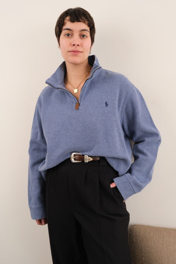 Hermine Vintage Sky Ralph Lauren Cotton Long Sleeve Quarter Zip Sweater - Blue