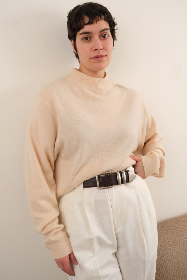 Hermine Vintage 90s Alabaster Cashmere Mock Neck Sweater - Beige