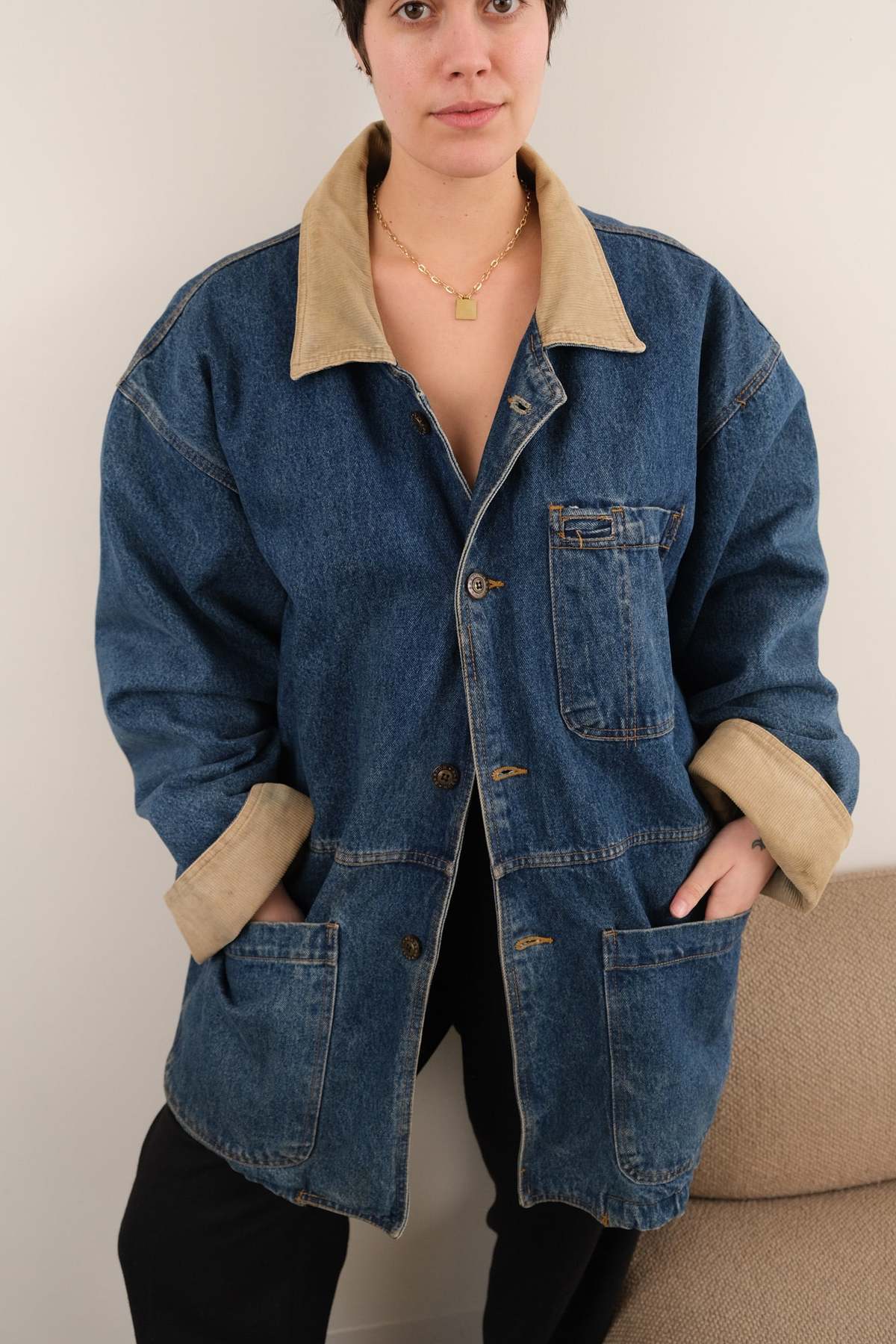 Hermine Vintage 90s Medium Wash Denim Corduroy Collar Button-Up Chore Jacket - Blue - Image 1 of 5