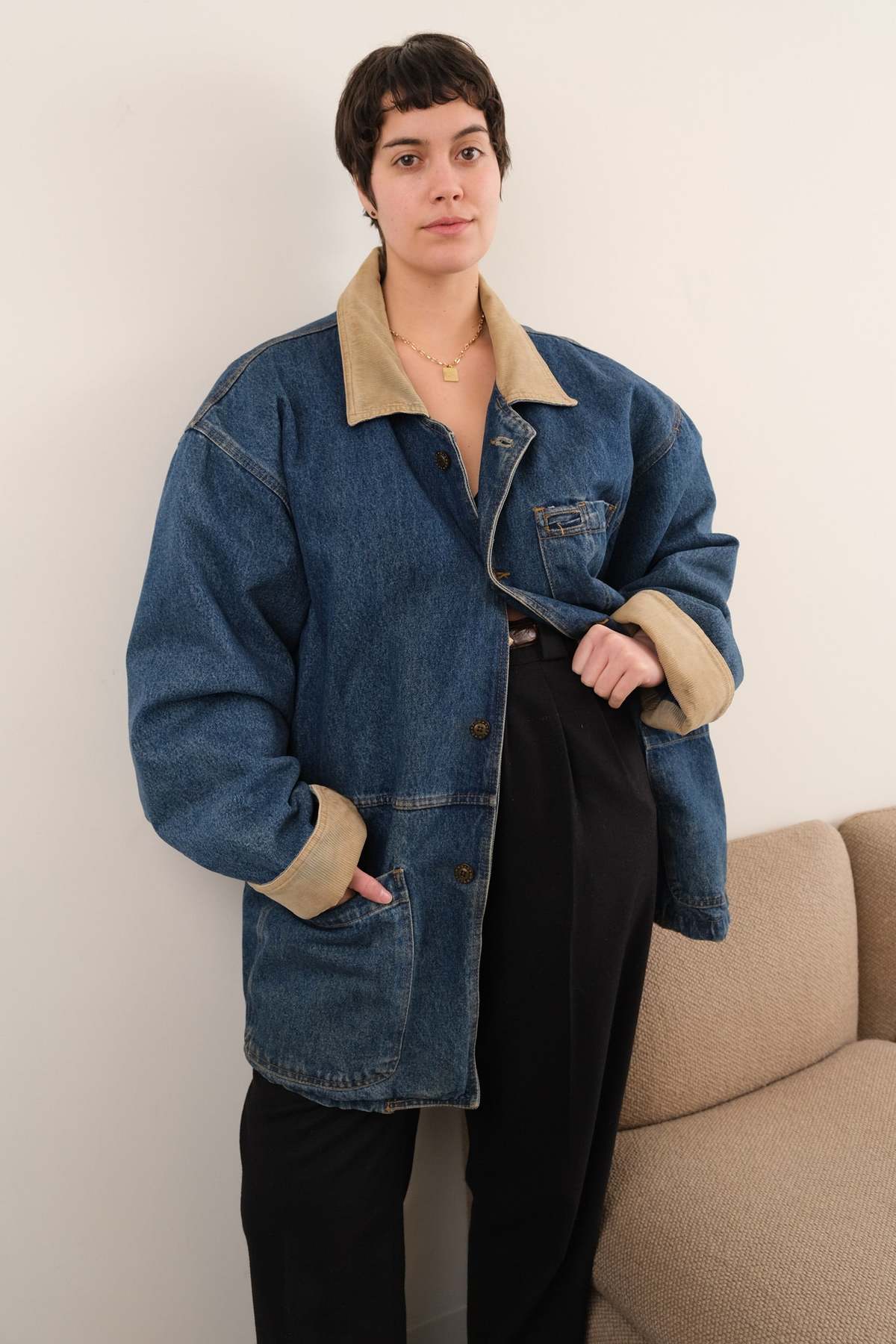 Hermine Vintage 90s Medium Wash Denim Corduroy Collar Button-Up Chore Jacket - Blue - Image 2 of 5