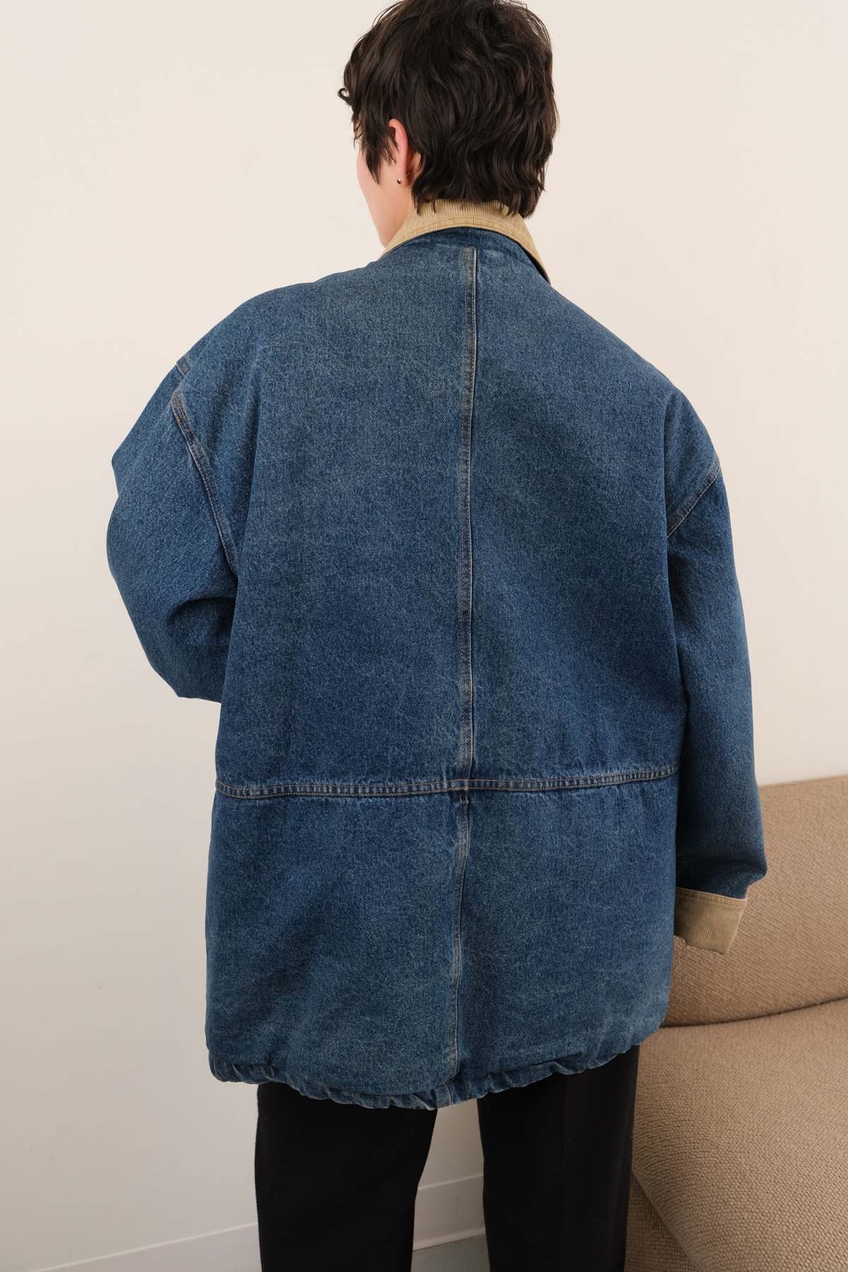 Hermine Vintage 90s Medium Wash Denim Corduroy Collar Button-Up Chore Jacket - Blue - Image 5 of 5