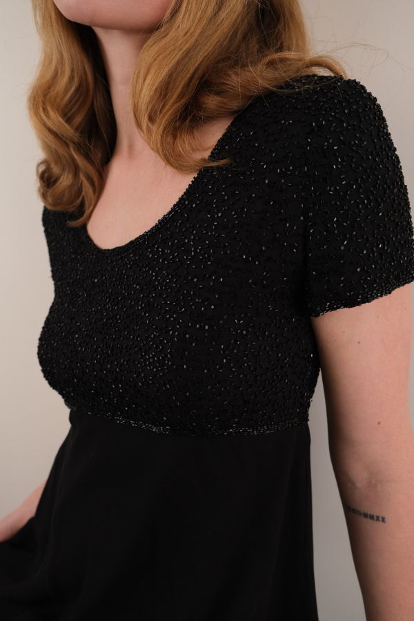 Hermine Vintage 90s Onyx Beaded Short Sleeve Mini Dress - Black