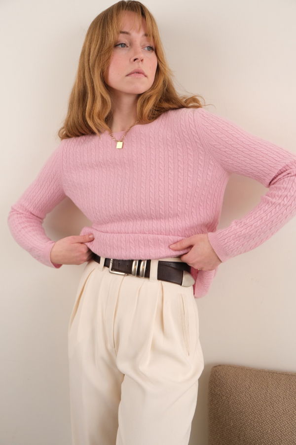 Hermine Vintage 00s Rosewater Cashmere Cable Knit Sweater - Pink