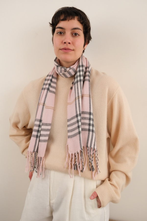 Hermine Vintage 90s Italian Blush Cashmere Plaid Scarf - Pink