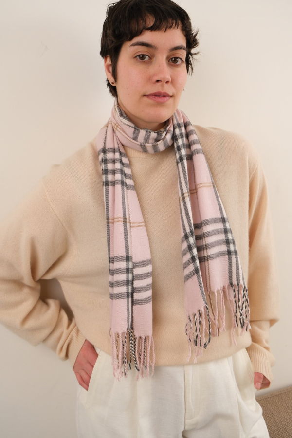 Hermine Vintage 90s Italian Blush Cashmere Plaid Scarf - Pink