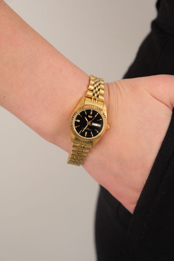 Hermine Vintage Gold Tone and Onyx Dial Quartz Slip On Watch