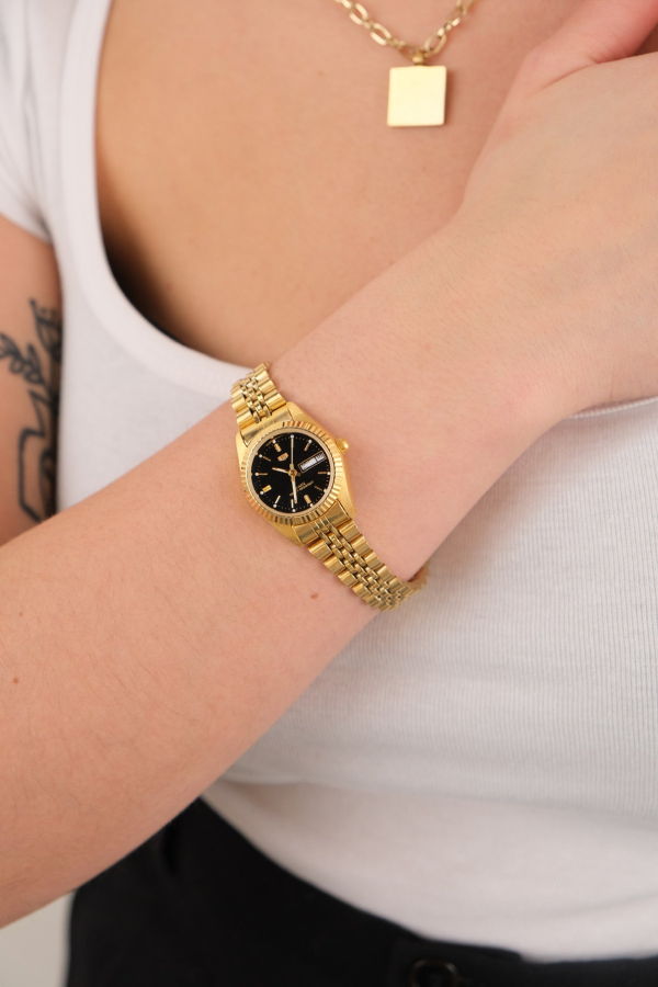 Hermine Vintage Gold Tone and Onyx Dial Quartz Slip On Watch