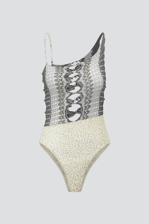 Ruibuilt Marsh Ripple Knit Combo Leopard Mesh Bodysuit - Grey