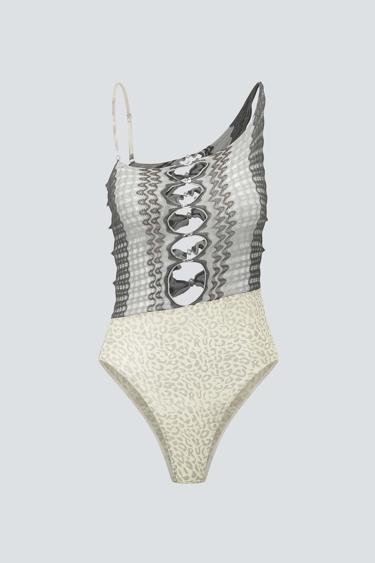 Ruibuilt Marsh Ripple Knit Combo Leopard Mesh Bodysuit - Grey - Image 1 of 5