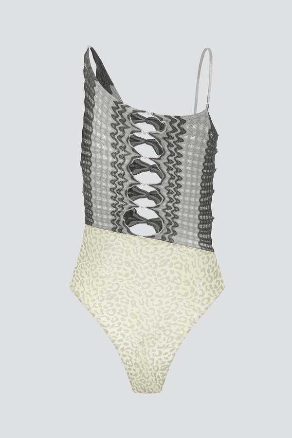 Ruibuilt Marsh Ripple Knit Combo Leopard Mesh Bodysuit - Grey