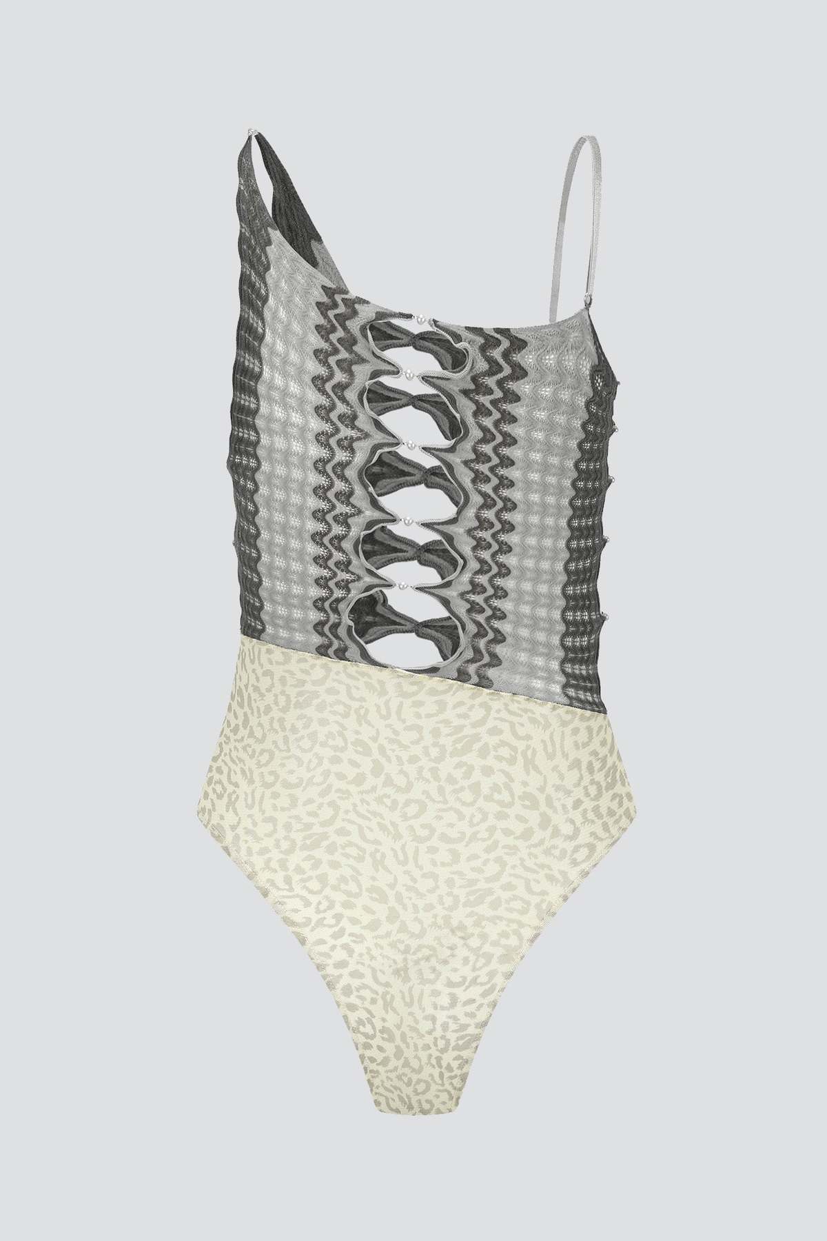 Ruibuilt Marsh Ripple Knit Combo Leopard Mesh Bodysuit - Grey - Image 5 of 5