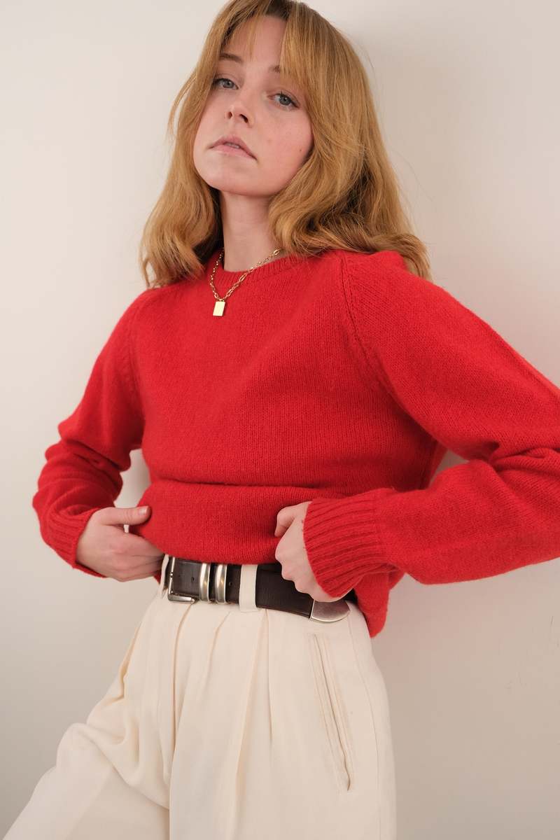 Hermine Vintage 70s Garnet Pure New Wool Crewneck Sweater - Red