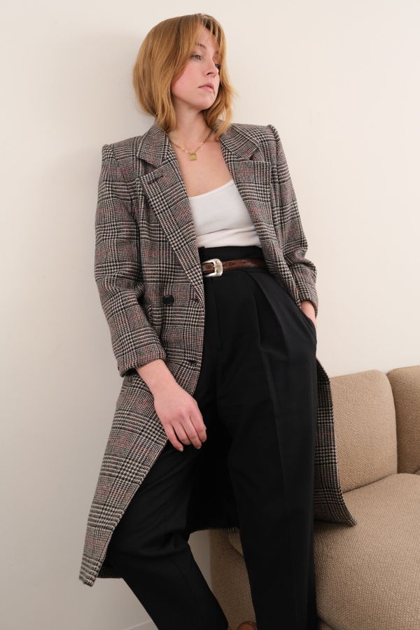 Hermine Vintage 80s Flint Wool Double-Breasted Glen Plaid Longline Coat - Gray