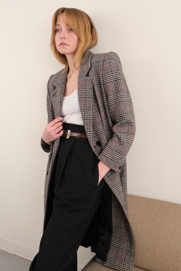 Hermine Vintage 80s Flint Wool Double-Breasted Glen Plaid Longline Coat - Gray