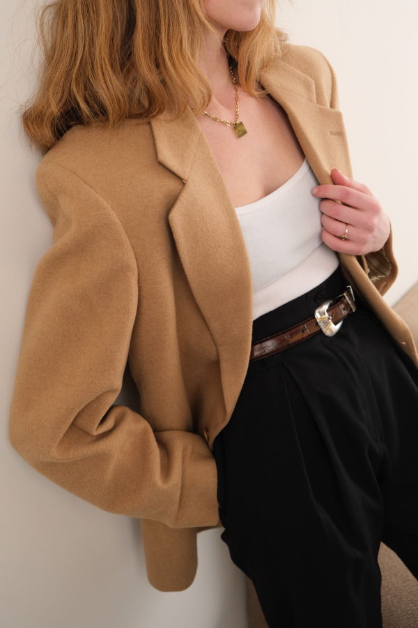 Hermine Vintage 90s Biscotti Bill Blass Camelhair Longline Blazer - Brown