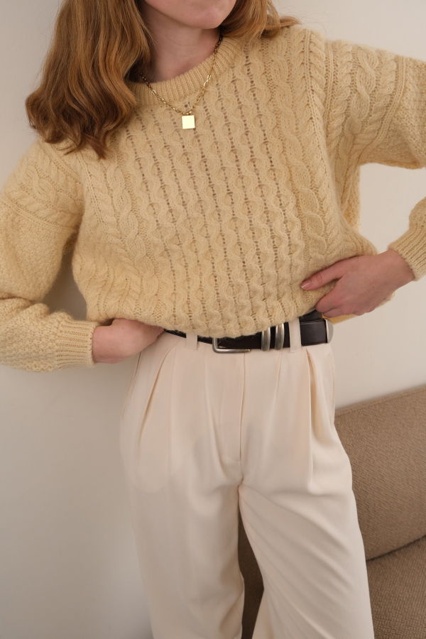 Hermine Vintage 80s Scottish Buttermilk Wool Fisherman Sweater - Beige