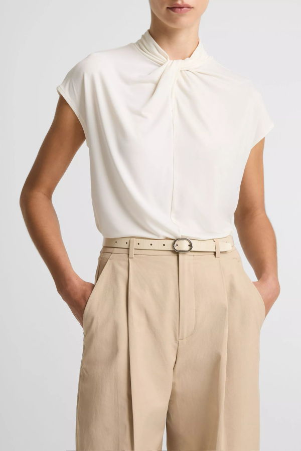 VINCE Twist-Neck Matte Jersey Cap-Sleeve Top