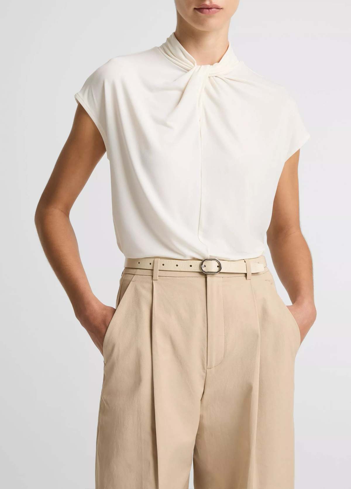 VINCE Twist-Neck Matte Jersey Cap-Sleeve Top - Image 1 of 4