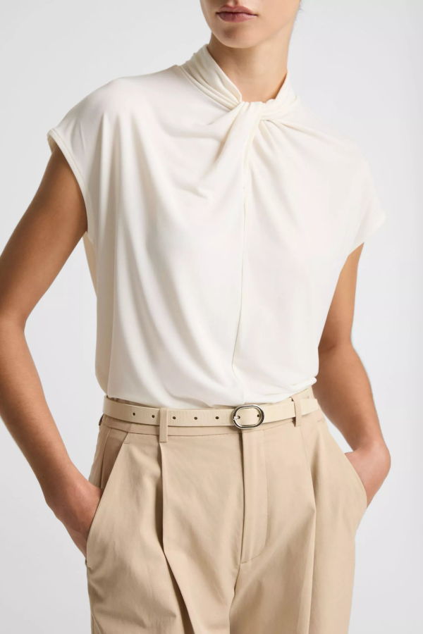 VINCE Twist-Neck Matte Jersey Cap-Sleeve Top