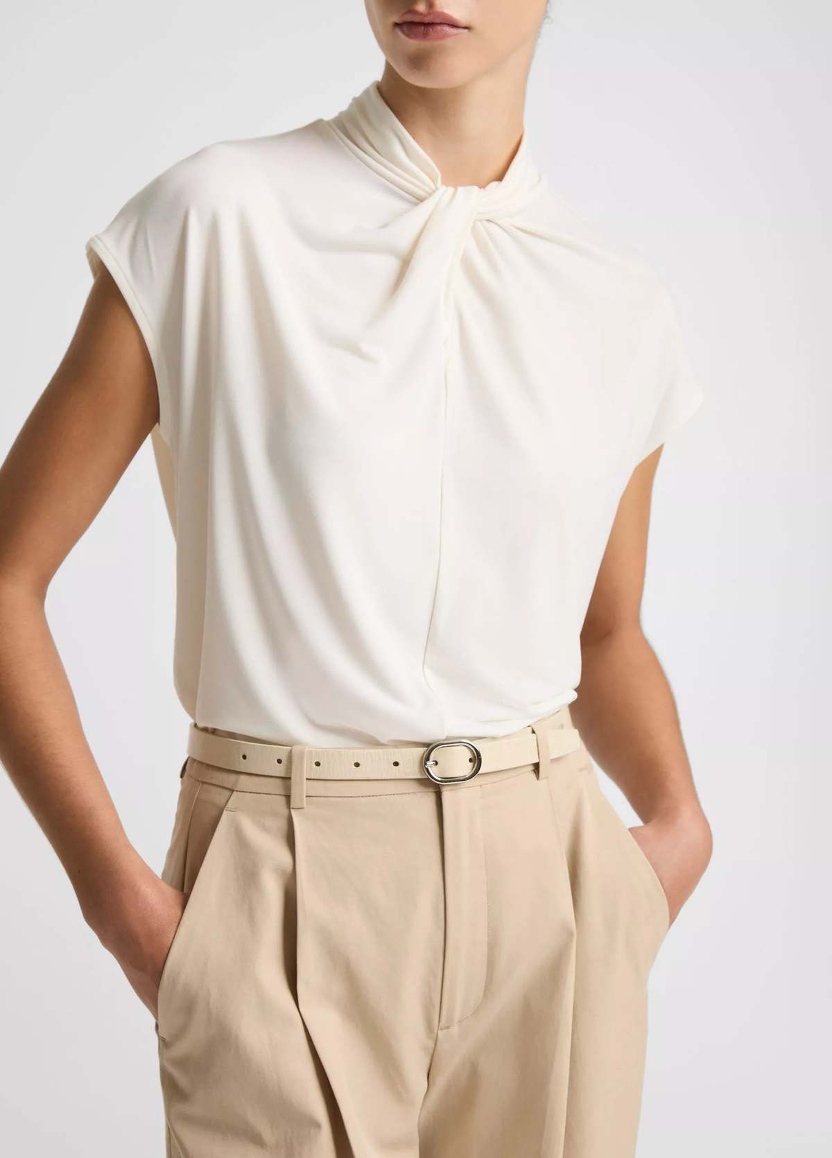 VINCE Twist-Neck Matte Jersey Cap-Sleeve Top - Image 2 of 4
