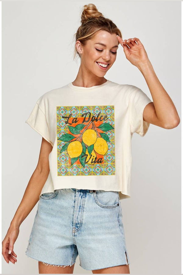 Illustrated Society La Dolce Vita Vintage Graphic Cropped Tee Top - Ivory