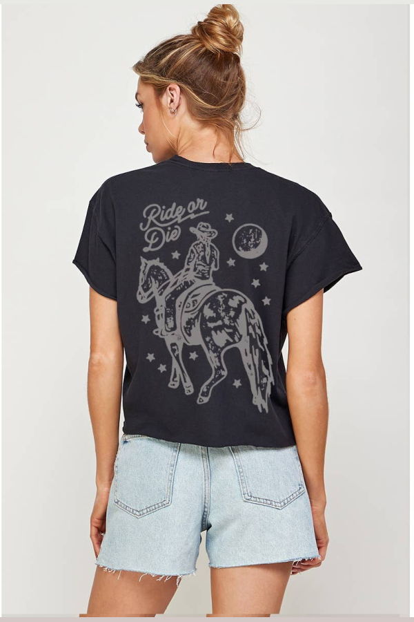 Illustrated Society Ride or Die Vintage Graphic Cropped Tee - Black