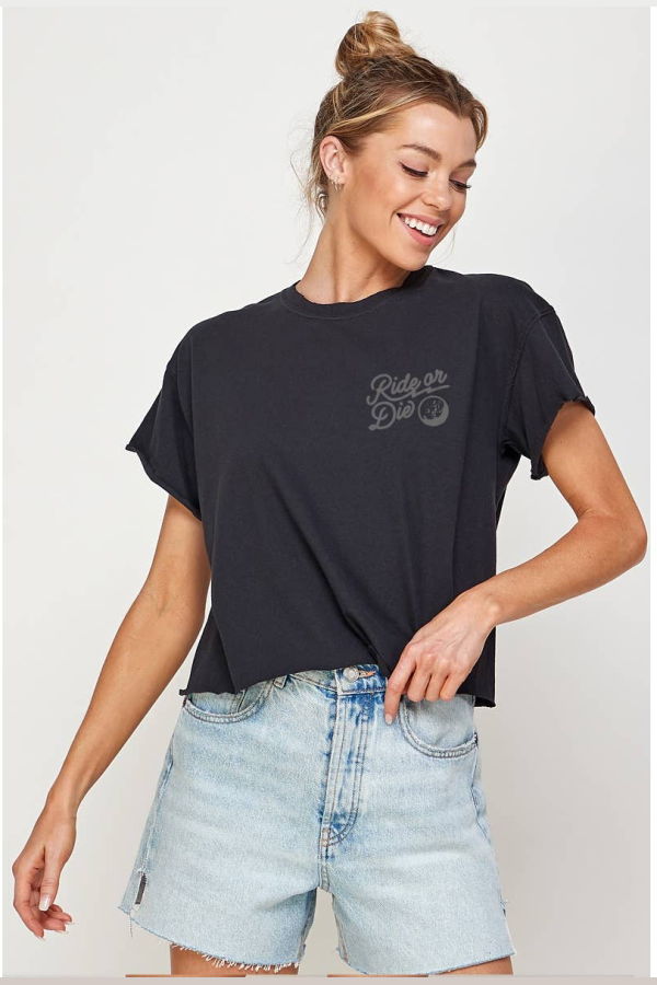 Illustrated Society Ride or Die Vintage Graphic Cropped Tee - Black