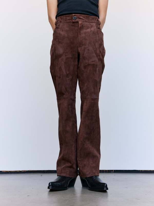 Ernest W. Baker Brown Calf Suede Leather Flare Pants - Brown