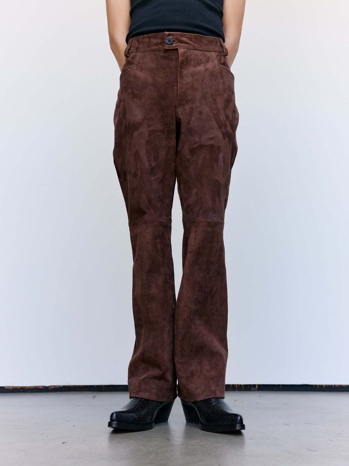 Ernest W. Baker Brown Calf Suede Leather Flare Pants - Brown - Image 1 of 9